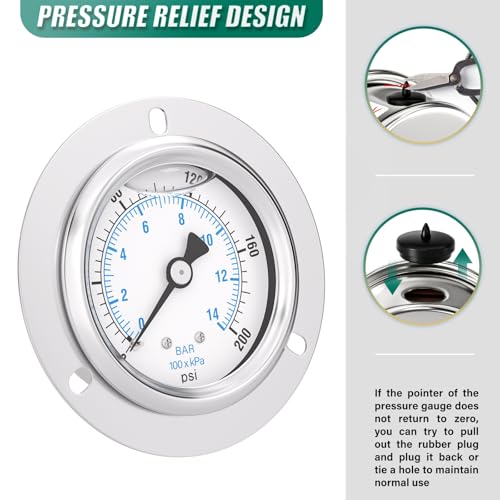 0 200PSI Panel Mount Front Flanged Glycerin Filled Pressure Gauge