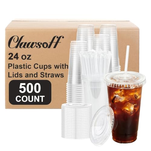 500 Pack 24 oz Clear Plastic Cups with Lids and Straws Disposable (500 Count)