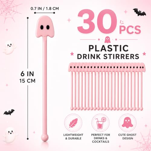 30 Pcs Halloween Swizzle Sticks Pink Ghost Fall Drink Stirrers (30 Count)