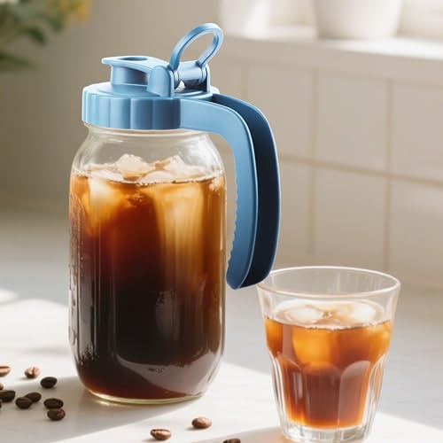 Mason Jar Pitcher With Stainless Steel Filter 64 OZ 2 Pack Wide Mouth Cold Brew Coffee Maker 2 Quart Glass water pitcher with lid Half Gallon Cold hot Tea maker For Lemonade Milk Juice Refrigerator (2 Count)