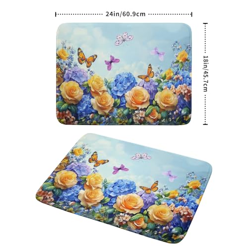 Spring Blue Yellow Hydrangeas Flowers Dish Drying Mat for Kitchen Counter