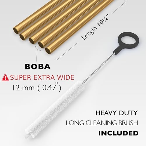 5 Super Extra Wide Boba Straws Stainless Steel. 10.23" Long Metal Straws Reusable Fat Thick Large Jumbo for Smoothies (5 Count)