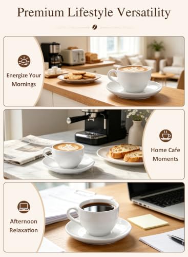 8 oz Porcelain Cappuccino Cups with Saucers and Metal Stand (4 Count)