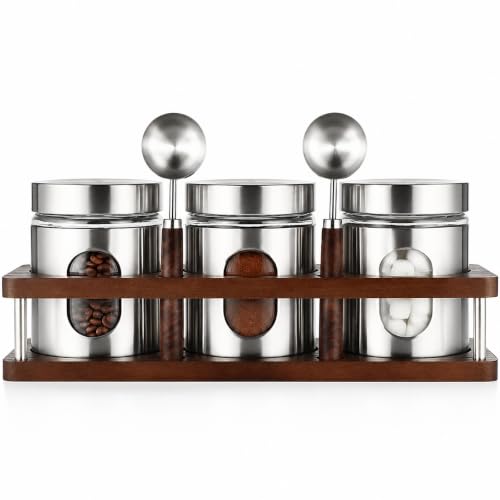 Stainless Steel Coffee Grounds Canisters with Shelf 3 x 20oz Sugar Coffee Bean Storage Container with Airtight Threaded Lid Glass Window Scoop Kitchen Jar Set for Bar Creamer Nut Tea (3 Count)
