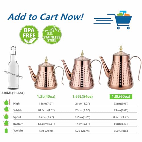 1.8L(60oz) Stainless Steel Hammer Patterned Teapot With Removeable Infuser,Loose leaf cover,Copper