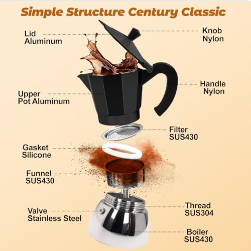No Coating 6 Cup Aluminum and Stainless Steel Moka Pot Stovetop