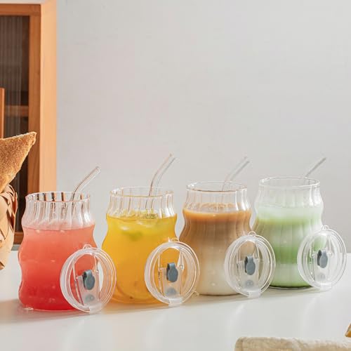 4PCS Ribbed Glass Cups with Lids & Straws