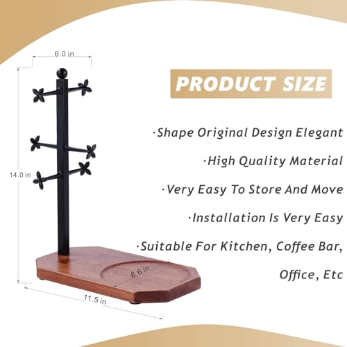 Mug Tree for Large Mugs With 6 Hooks and Coffee Pot Tray