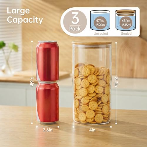45 oz Round Glass Food Storage Containers with Airtight Bamboo Lids (3 Count)