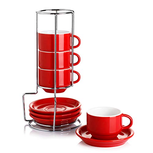 4 Ounce Porcelain Stackable Espresso Cups with Saucers and Metal Stand Set of 4