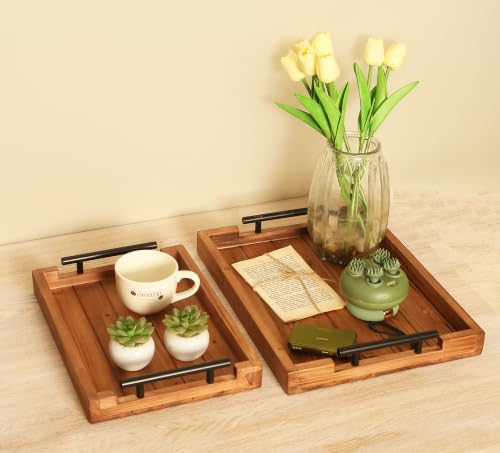 2Pc Nested Vintage Wooden Serving Tray Set