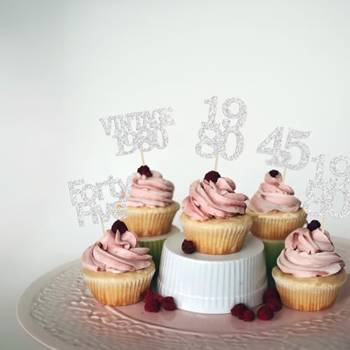 24Pcs 45th Birthday Cupcake Toppers Glitter Cheers to 45 Fabulous Forty Five Vintage 1980 Cupcake Picks 45th Birthday Wedding Anniversary Party Cake Decorations Supplies Silver (24 Count)