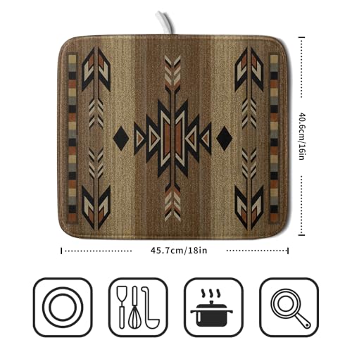 16"x18" Southwestern Dish Drying Mat Rustic Brown Tribal Ethnic Small Dish Drainer Mats Antique Native American Absorbent Microfiber Dish Drying Pad for Kitchen Countertop Decor