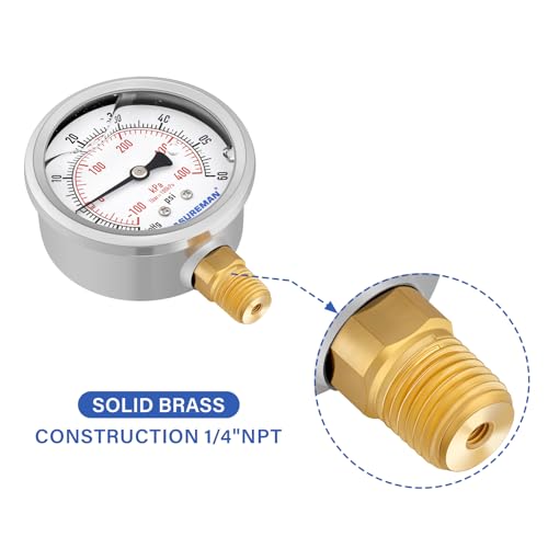 2-1/2" Dial Size, Glycerin Filled Pressure Gauge, 30inHG-60psi, 304 Stainless Steel Case, 1/4" NPT Lower Mount