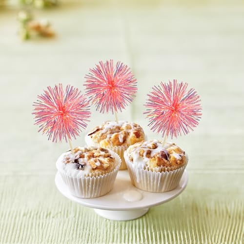 30Pcs Foil Firework Cupcake Toppers Sparkle Tinsel Cupcake Picks Happy Birthday Cake Decorations Drink Stirrers Cocktail Food Fruit Toothpicks for Baby Shower Graduation Party Supplies Orange (30 Count)