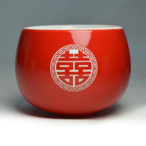Chinese Wedding Tea cup 5oz Porcelain Teacup Red Cups Round Glaze Carving Double Xi for Tea Ceremony Wedding Party Home Decor (2 Count)