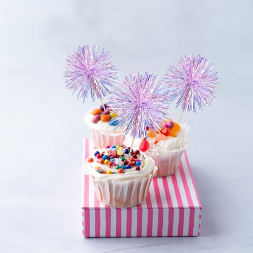 30Pcs Foil Firework Cupcake Toppers Party Birthday Cake Toppers Supplies Sparkle Tinsel Cocktail Fruit Toothpick for Birthday Wedding Graduation Party Purple (30 Count)