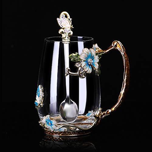 butterfly flower Glass Mug Tea Cup with Spoon Gifts For Women