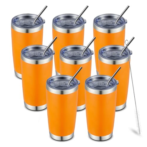 20oz 8 Pack Tumbler Double Wall Vacuum Insulated Coffee Travel Mug Stainless Steel Tumbler Bulk with Lid and Straw Insulated Coffee Cup for Cold & Hot Drinks (8 Count)