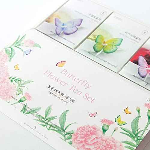 KKOKDAM Korean Tea Gift Set Sampler – 3 Flavor Pink Butterfly Tea Bag Sampler – Elegant Box for Tea Lovers - Perfect as Korean Gifts for Women