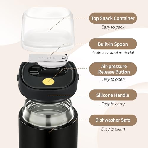 2-in-1 Thermos for Hot Food with Snack Box Container - 20oz Stainless Steel Insulated Food Container with Handle and Spoon, Leak Proof Bento Box Kids Adult for School Lunch Office
