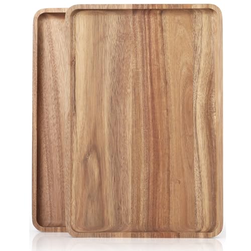 2 PCS 16 x 12 in Large Solid Acacia Wood Serving Trays Rectangular Wooden Serving Platters Natural Wooden Boards for Bar Coffee Party（Wood Log Color） (2 Count)