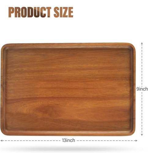 2 PCS 13 x 9 in Solid Acacia Wood Serving Trays Rectangular Wooden Serving Platters Natural Wooden Boards for Bar Coffee Party (2 Count)