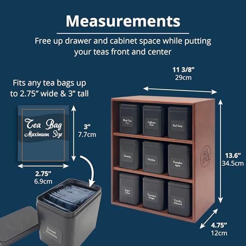 Tea Organizer Rack with 9 Tins & 160 Magnetic Labels (9 Compartments)