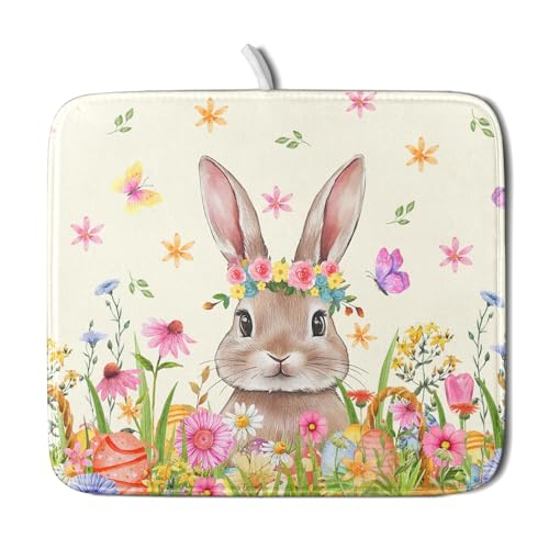 Easter Dish Drying Mat for Kitchen Counter Spring Easter Holiday Dish Drying Mat 16X18 Inch Reversible Absorbent Dish Pad Spring Wildflowers Dishes Drainer Pad Dish Drying Rack Mat for Countertop