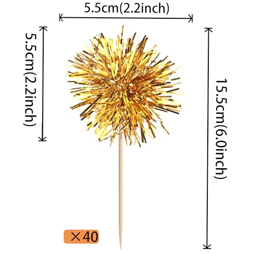 40 PCS Foil Firework Cupcake Toppers Fireworks Cupcake Picks Sparkle Tinsel Cake Decorations Cocktail Fruit Toothpick for Firework Theme Birthday Wedding Graduation Party Decorations Supplies Gold (40 Count)