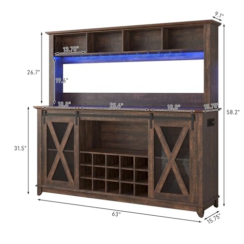 63"Wide 58"H Farmhouse Coffee Bar Cabinet with Power Outlet and LED Light