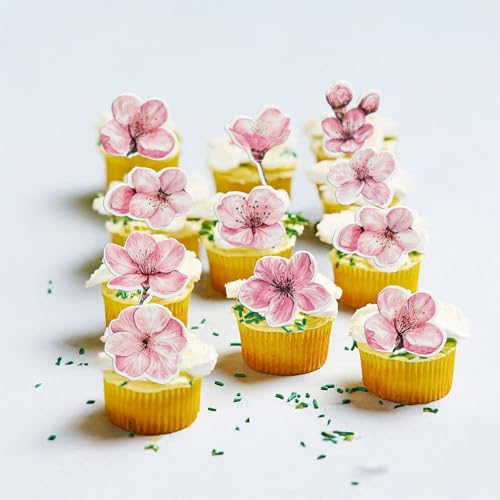 50Pcs Edible Flowers Cake Topper Cupcake Toppers Wedding Themed Party Baby Shower Birthday Party Cupcake Picks Anniversary Party Decorations Supplies Pink (50 Count)