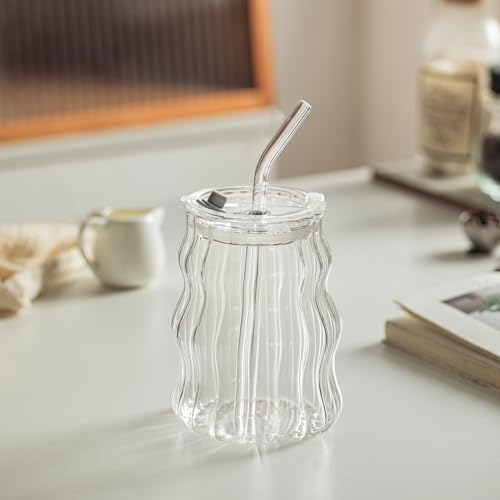 4PCS Ribbed Glass Cups with Lids & Straws