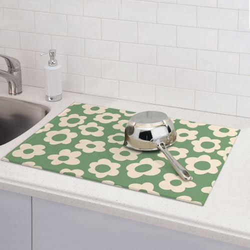 Floral Kitchen Dish Drying Mat for Dishes 18x24 Inch Vintage Groovy Flowers Drying Mat White Daisy Dish Drainer Mat Super Absorbent Dish Rack Pad for Coffee Bar Sinks