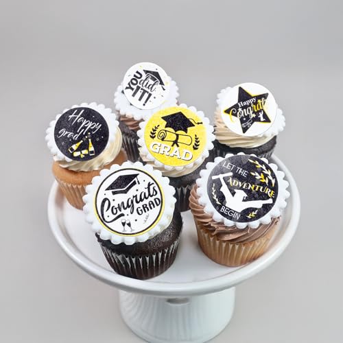 48Pcs Edible Graduation 2026 Cupcake Toppers Wafer Paper Grad Cap Diploma Cake Decoration Picks for 2026 Grad Theme Party Cake Decor Supplies Black Gold (48 Count)