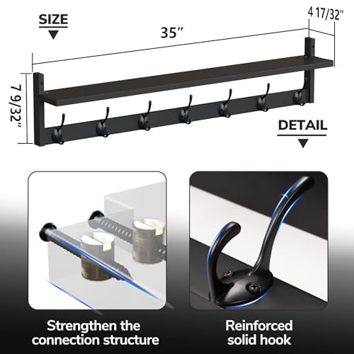 Wall Hooks with Shelf 35 Inch Length Entryway Hanging Shelf Wood Coat Hooks Wall