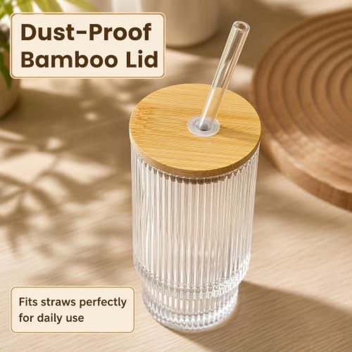 Glass Cups with Lids and Straws 16 oz Ribbed Drinking Glasses Set (4 Count)
