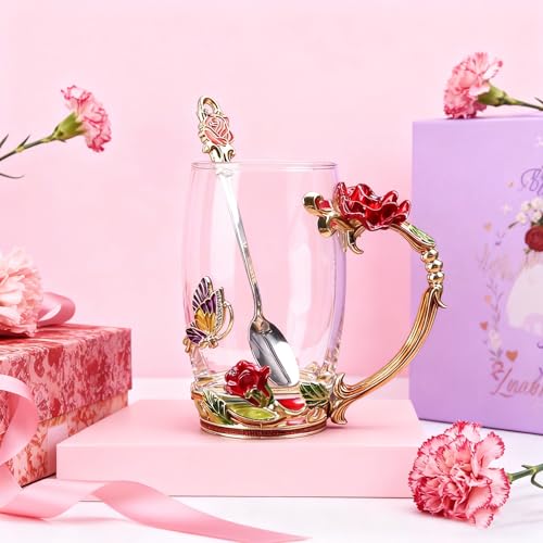 Handicraft Crystal Glass 3D Flower Cups Tea Mug With Tea Spoon Women Coffee