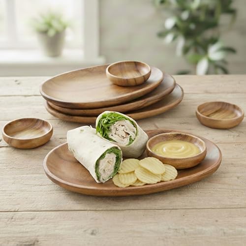 Woodard & Charles Acacia Wood 12" Oval Tray with Dip Bowls