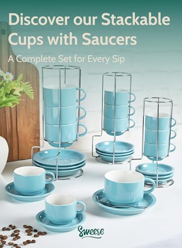 2.5 Ounce Porcelain Stackable Espresso Cups with Saucers and Metal Stand Set of 4