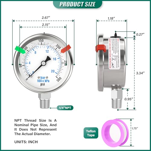 0 300PSI Stainless Steel Liquid Filled Pressure Gauge
