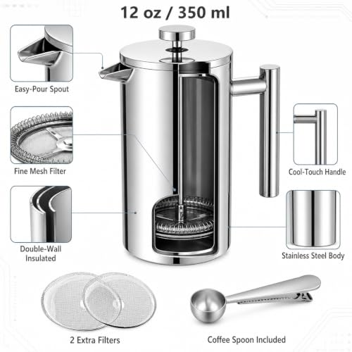 12 oz 350 ml Stainless Steel French Press Coffee Maker