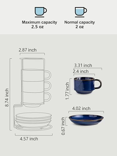 2.5oz Espresso Cups Set of 4 with Saucers Metal Rack (8.25 Count)