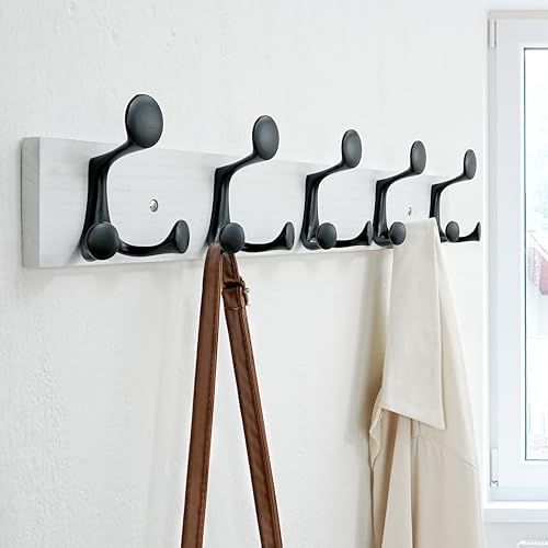 24 Inch White Wood Coat Rack Wall Mount with 5 Triple Hooks (2 Count)