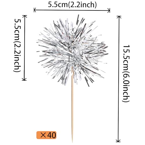 40 PCS Foil Firework Cupcake Toppers Fireworks Cupcake Picks Sparkle Tinsel Cake Decorations Cocktail Fruit Toothpick for Firework Theme Birthday Wedding Graduation Party Decorations Supplies Silver (40 Count)