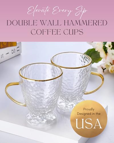 Sister.ly Drinkware Hammered Double Wall Glass Coffee Cups (2 Count)