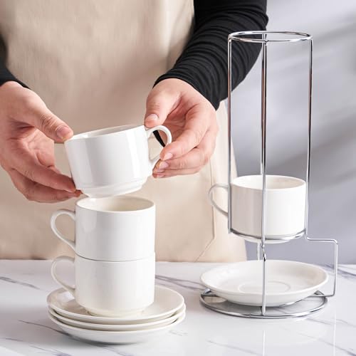 8 Ounce Stackable Cappuccino Cups with Saucers and Metal Stand (4 Count)