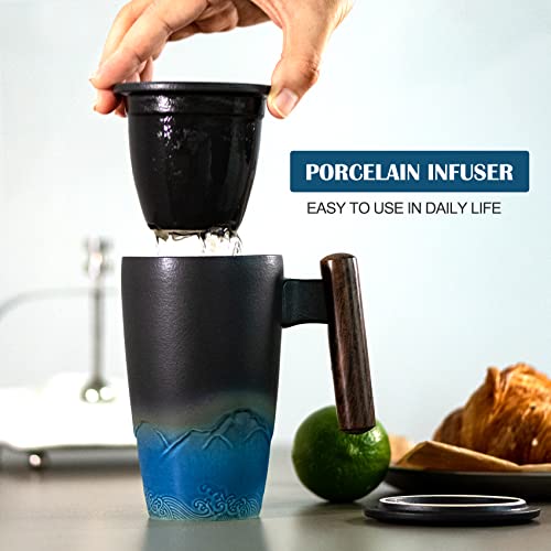 Tomotime Ceramic Tea Cup with Infuser and Lid Tea Mugs Wooden Handle 400ml
