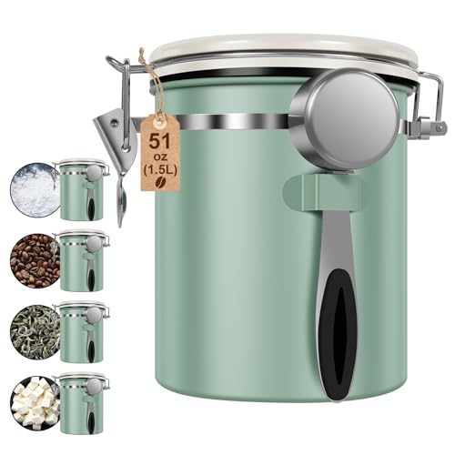4PCS Coffee Storage Canister 1.5L 51OZ Double Airtight Coffee Beans Container with Date Locator 304 Stainless Steel Kitchen Food Storage Container with Spoon For Coffee Beans Grounds Tea Sugar (4 Count)