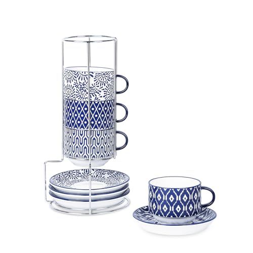 Ceramic Cappuccino Cups with Saucers and Metal Stand (4 Count)